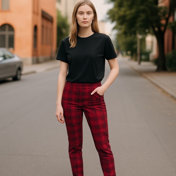 NWOT American Eagle Hi Rise Jegging Red Plaid Stretch - Picture 1 of 9